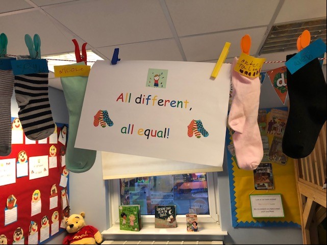A washing line hung in a classroom, displaying odd socks and a poster stating 'all different, all equal'.