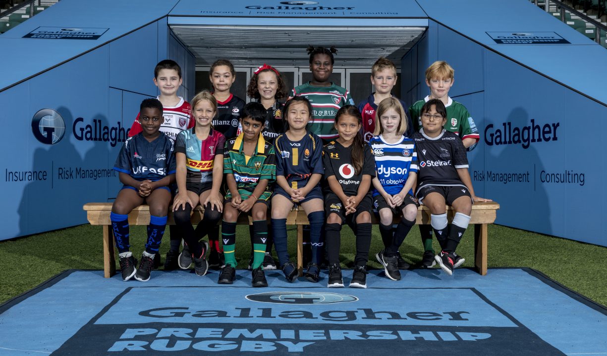 Children posing at Premiership Rugby launch at Twickenham Stadium