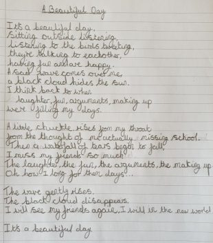 Picture of the winning poem 'beautiful day'